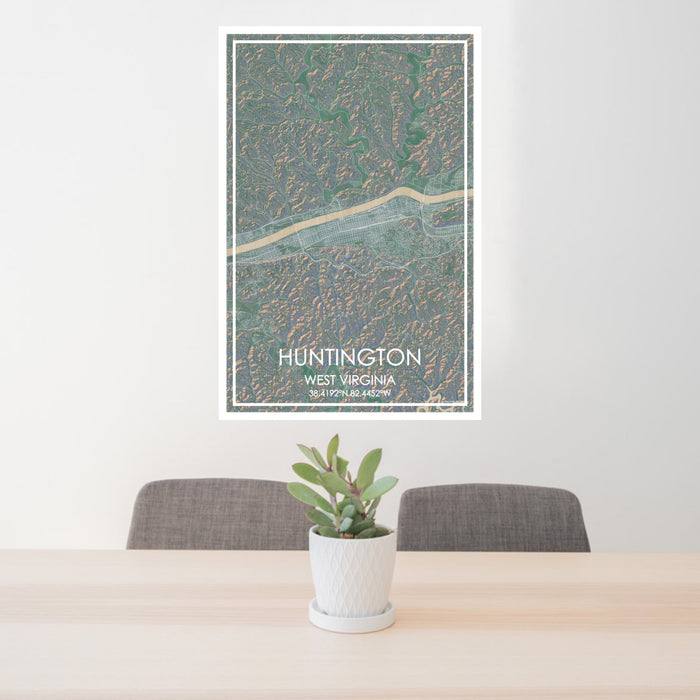24x36 Huntington West Virginia Map Print Portrait Orientation in Afternoon Style Behind 2 Chairs Table and Potted Plant