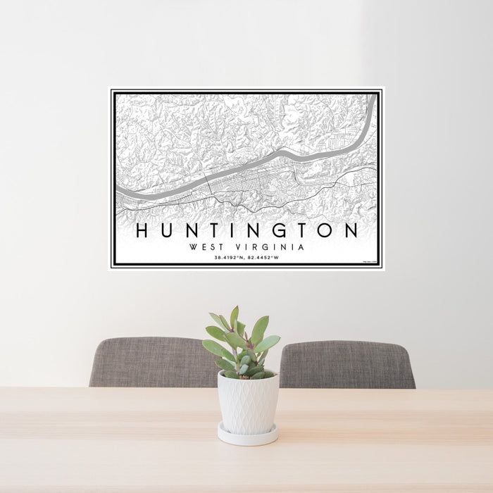24x36 Huntington West Virginia Map Print Lanscape Orientation in Classic Style Behind 2 Chairs Table and Potted Plant