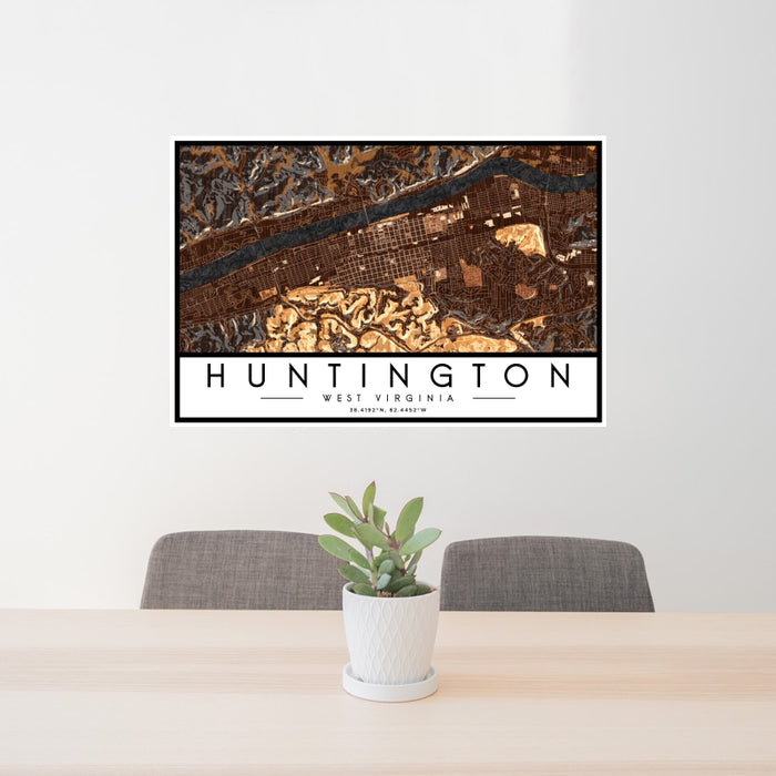 24x36 Huntington West Virginia Map Print Lanscape Orientation in Ember Style Behind 2 Chairs Table and Potted Plant