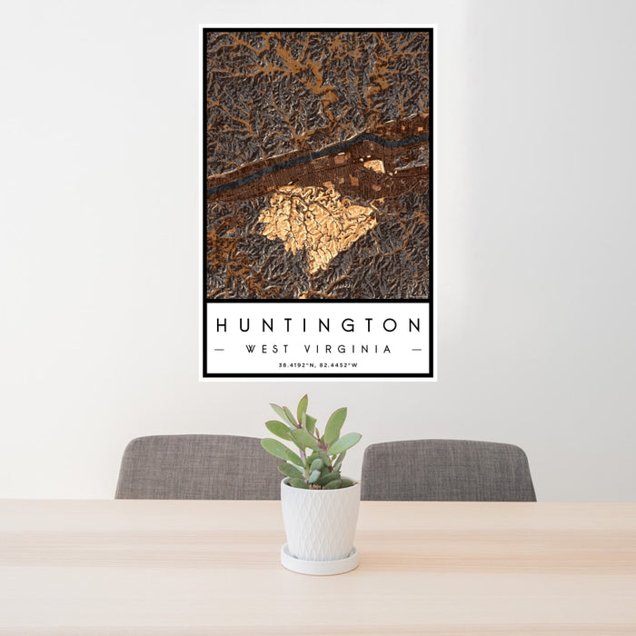 24x36 Huntington West Virginia Map Print Portrait Orientation in Ember Style Behind 2 Chairs Table and Potted Plant