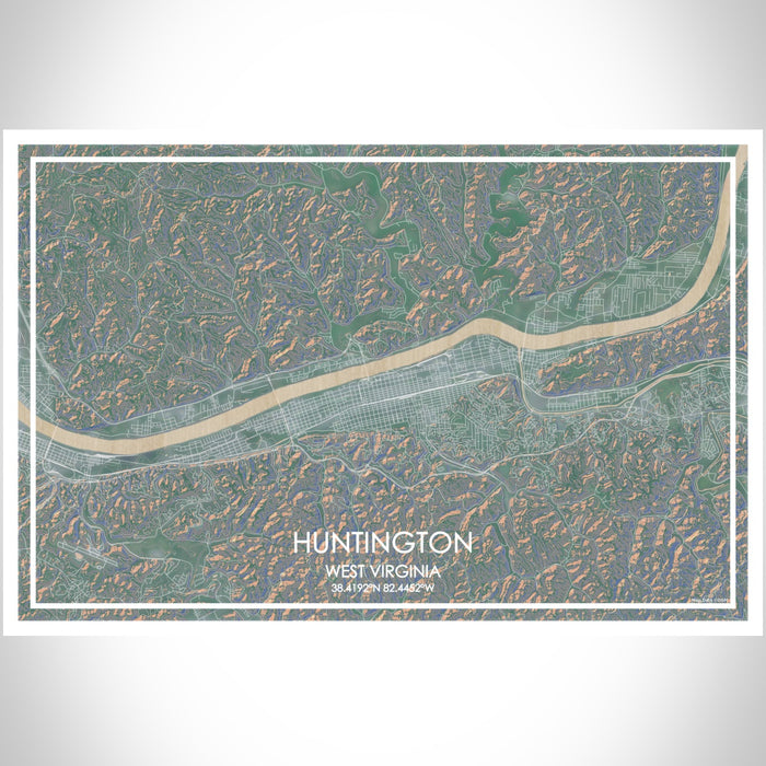 Huntington West Virginia Map Print Landscape Orientation in Afternoon Style With Shaded Background