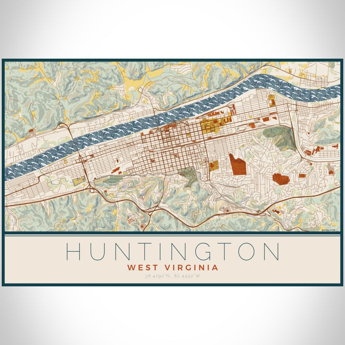 Huntington West Virginia Map Print Landscape Orientation in Woodblock Style With Shaded Background