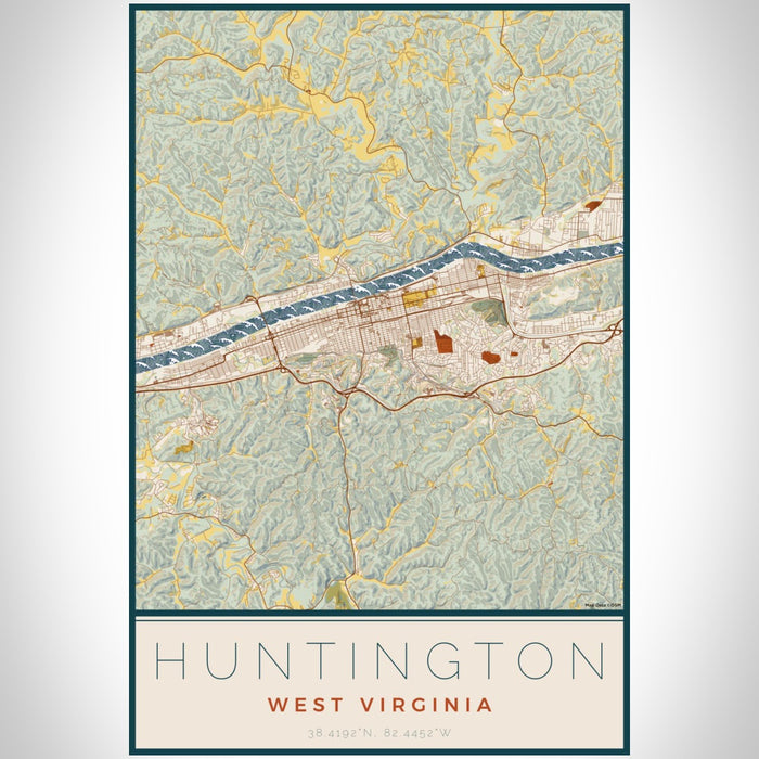 Huntington West Virginia Map Print Portrait Orientation in Woodblock Style With Shaded Background