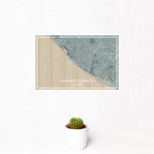 12x18 Huntington Beach California Map Print Landscape Orientation in Afternoon Style With Small Cactus Plant in White Planter