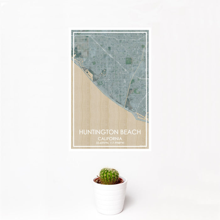 12x18 Huntington Beach California Map Print Portrait Orientation in Afternoon Style With Small Cactus Plant in White Planter