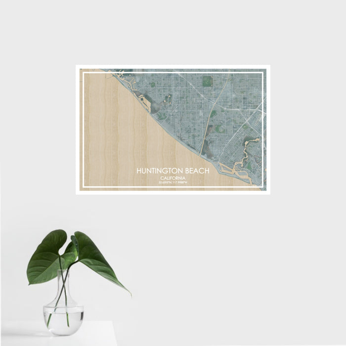 16x24 Huntington Beach California Map Print Landscape Orientation in Afternoon Style With Tropical Plant Leaves in Water
