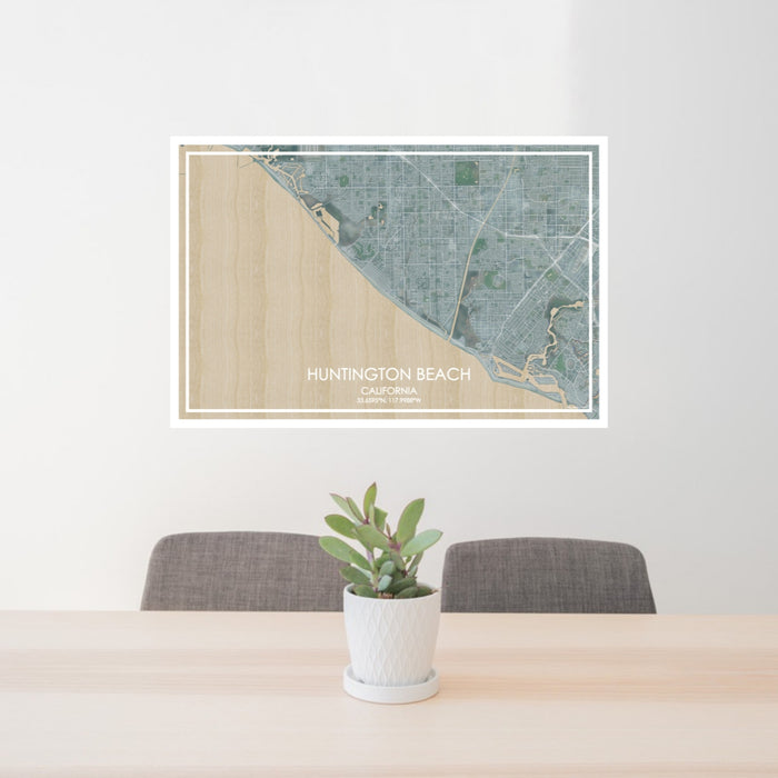24x36 Huntington Beach California Map Print Lanscape Orientation in Afternoon Style Behind 2 Chairs Table and Potted Plant