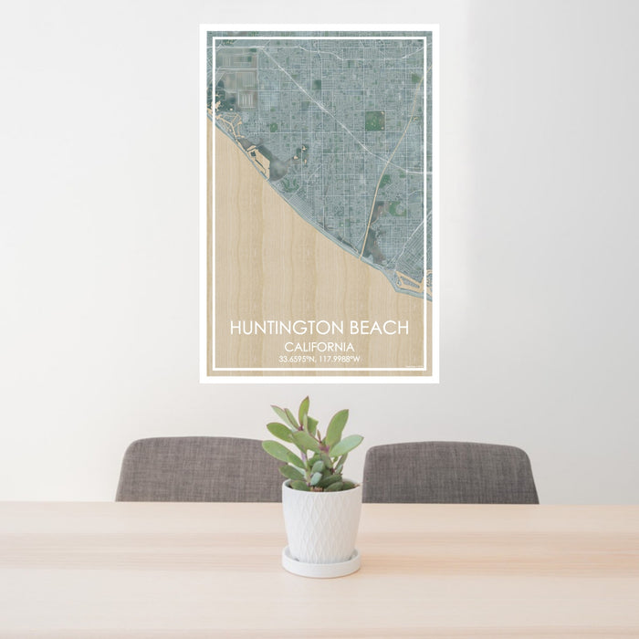 24x36 Huntington Beach California Map Print Portrait Orientation in Afternoon Style Behind 2 Chairs Table and Potted Plant