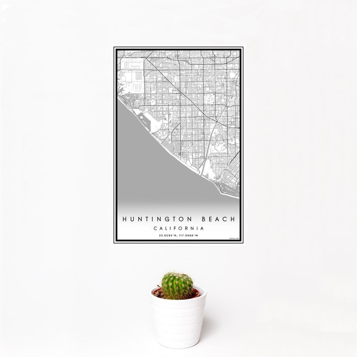 12x18 Huntington Beach California Map Print Portrait Orientation in Classic Style With Small Cactus Plant in White Planter