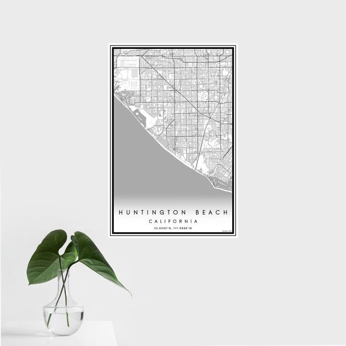 16x24 Huntington Beach California Map Print Portrait Orientation in Classic Style With Tropical Plant Leaves in Water