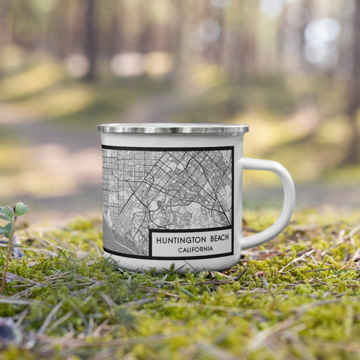 Right View Custom Huntington Beach California Map Enamel Mug in Classic on Grass With Trees in Background