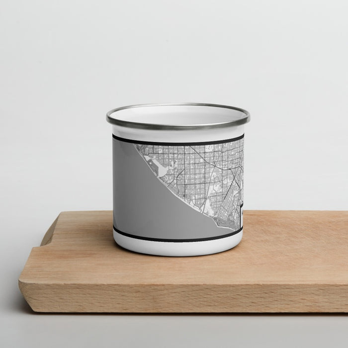 Front View Custom Huntington Beach California Map Enamel Mug in Classic on Cutting Board