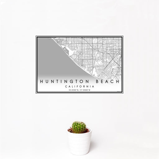12x18 Huntington Beach California Map Print Landscape Orientation in Classic Style With Small Cactus Plant in White Planter