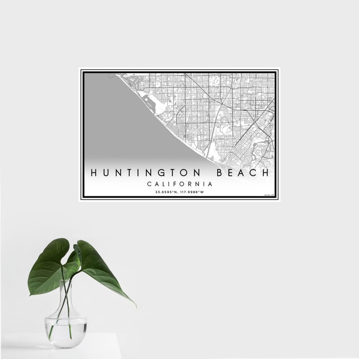 16x24 Huntington Beach California Map Print Landscape Orientation in Classic Style With Tropical Plant Leaves in Water