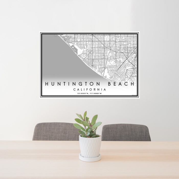 24x36 Huntington Beach California Map Print Landscape Orientation in Classic Style Behind 2 Chairs Table and Potted Plant