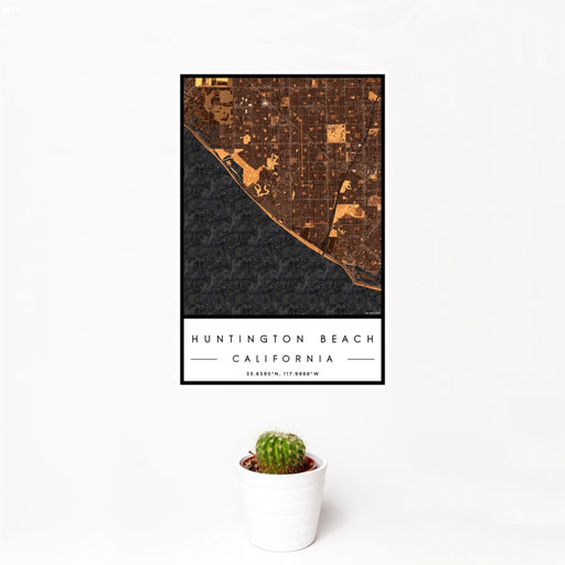 12x18 Huntington Beach California Map Print Portrait Orientation in Ember Style With Small Cactus Plant in White Planter