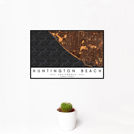 12x18 Huntington Beach California Map Print Landscape Orientation in Ember Style With Small Cactus Plant in White Planter