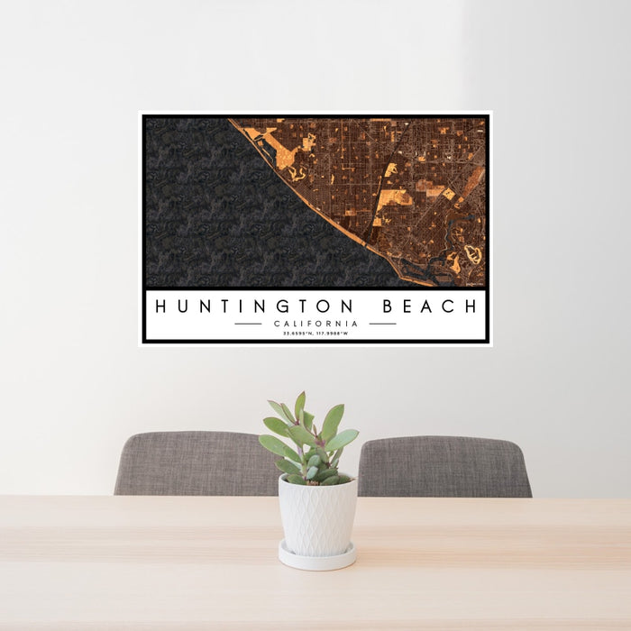 24x36 Huntington Beach California Map Print Landscape Orientation in Ember Style Behind 2 Chairs Table and Potted Plant