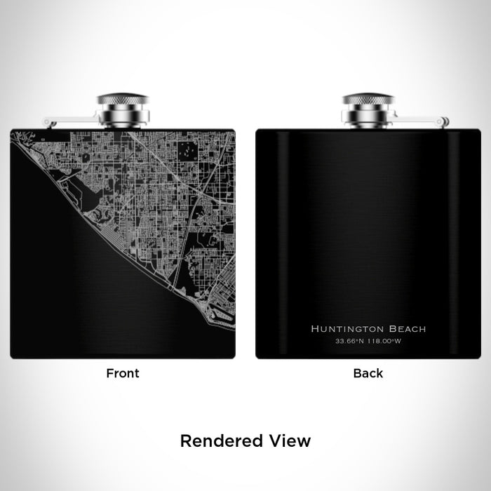 Rendered View of Huntington Beach California Map Engraving on 6oz Stainless Steel Flask in Black
