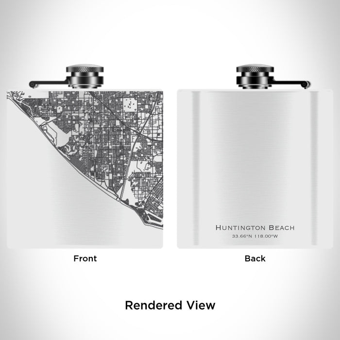 Rendered View of Huntington Beach California Map Engraving on 6oz Stainless Steel Flask in White