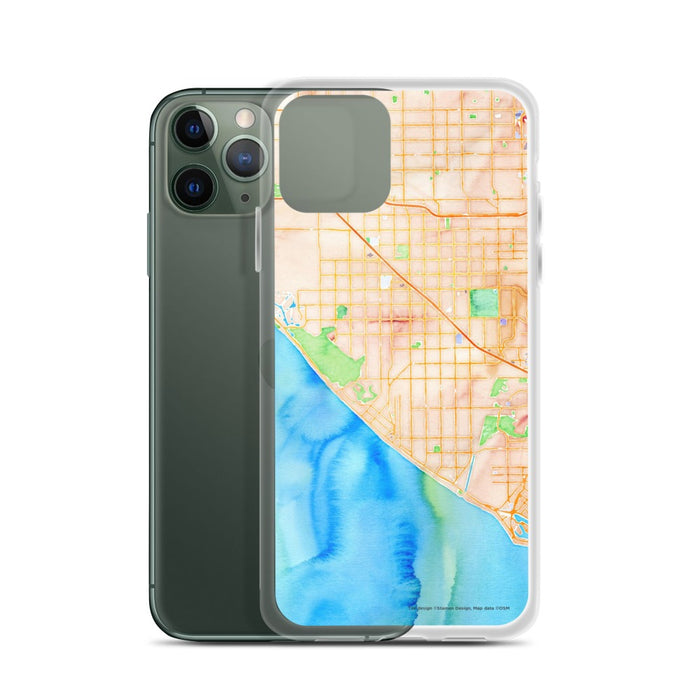 Custom Huntington Beach California Map Phone Case in Watercolor on Table with Laptop and Plant