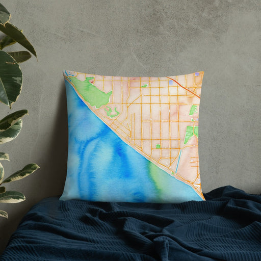 Custom Huntington Beach California Map Throw Pillow in Watercolor on Bedding Against Wall