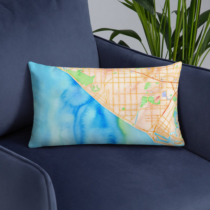 Custom Huntington Beach California Map Throw Pillow in Watercolor on Blue Colored Chair