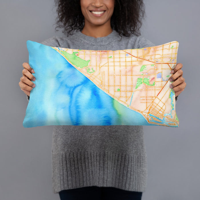 Person holding 20x12 Custom Huntington Beach California Map Throw Pillow in Watercolor