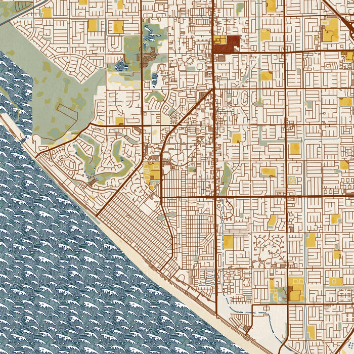 Huntington Beach California Map Print in Woodblock Style Zoomed In Close Up Showing Details