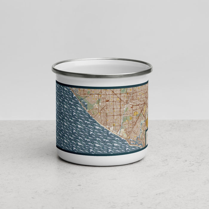 Front View Custom Huntington Beach California Map Enamel Mug in Woodblock