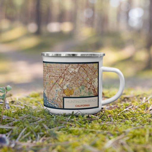 Right View Custom Huntington Beach California Map Enamel Mug in Woodblock on Grass With Trees in Background