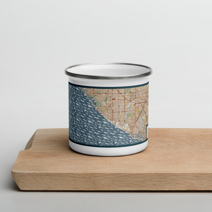 Front View Custom Huntington Beach California Map Enamel Mug in Woodblock on Cutting Board