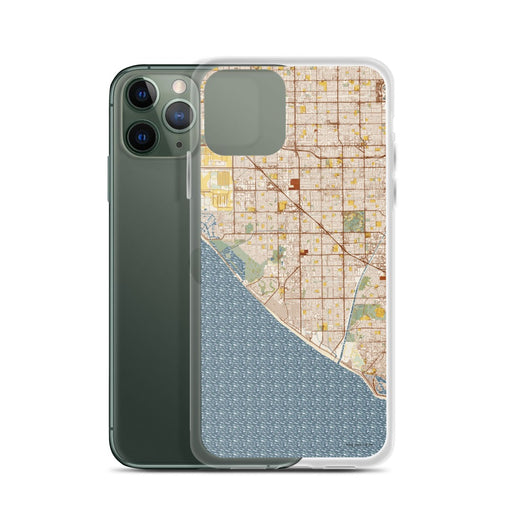 Custom Huntington Beach California Map Phone Case in Woodblock on Table with Laptop and Plant