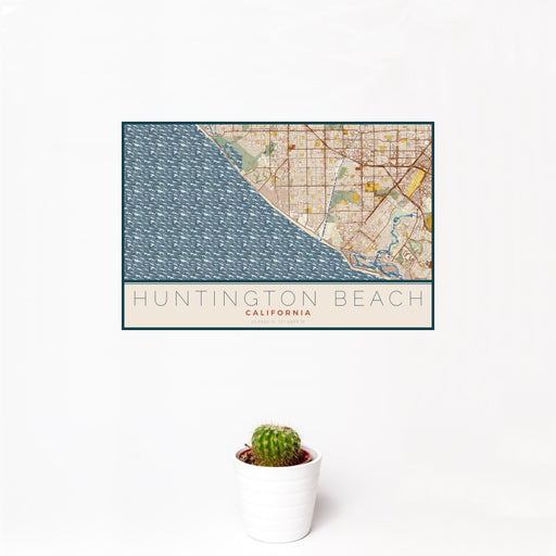 12x18 Huntington Beach California Map Print Landscape Orientation in Woodblock Style With Small Cactus Plant in White Planter