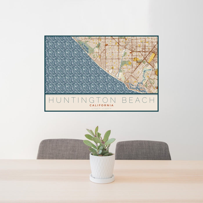 24x36 Huntington Beach California Map Print Landscape Orientation in Woodblock Style Behind 2 Chairs Table and Potted Plant