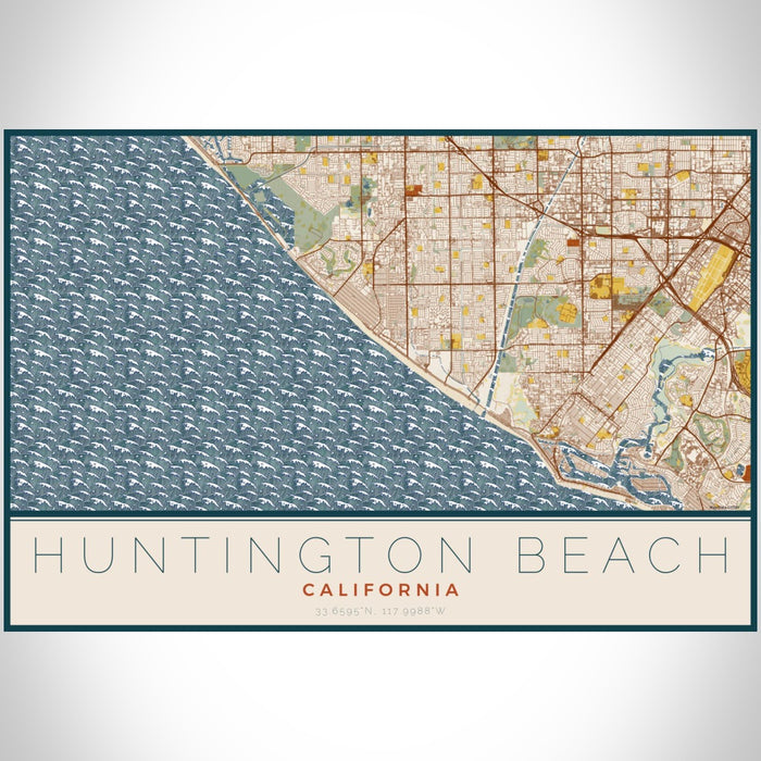 Huntington Beach California Map Print Landscape Orientation in Woodblock Style With Shaded Background