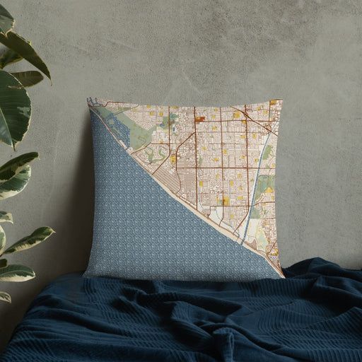 Custom Huntington Beach California Map Throw Pillow in Woodblock on Bedding Against Wall