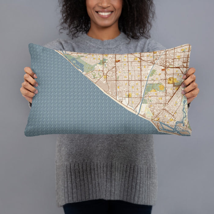 Person holding 20x12 Custom Huntington Beach California Map Throw Pillow in Woodblock
