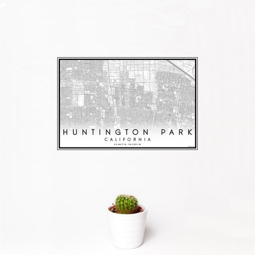 12x18 Huntington Park California Map Print Landscape Orientation in Classic Style With Small Cactus Plant in White Planter