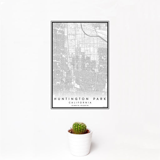12x18 Huntington Park California Map Print Portrait Orientation in Classic Style With Small Cactus Plant in White Planter