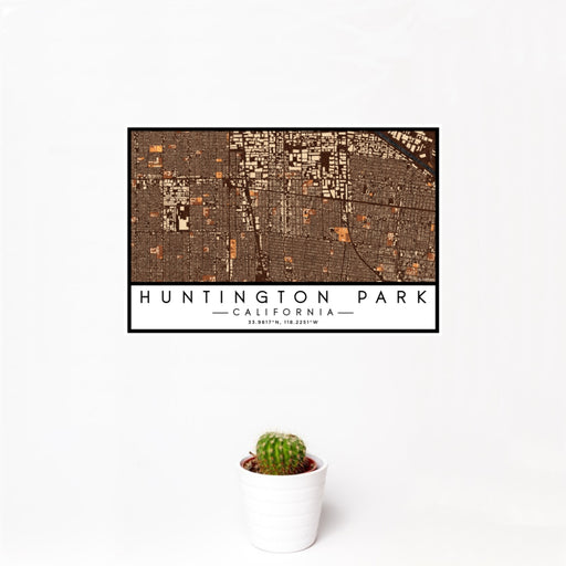 12x18 Huntington Park California Map Print Landscape Orientation in Ember Style With Small Cactus Plant in White Planter