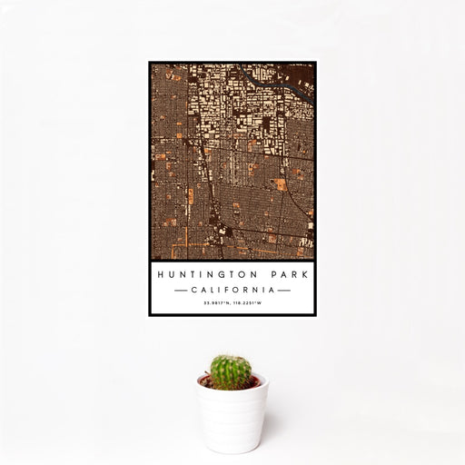 12x18 Huntington Park California Map Print Portrait Orientation in Ember Style With Small Cactus Plant in White Planter