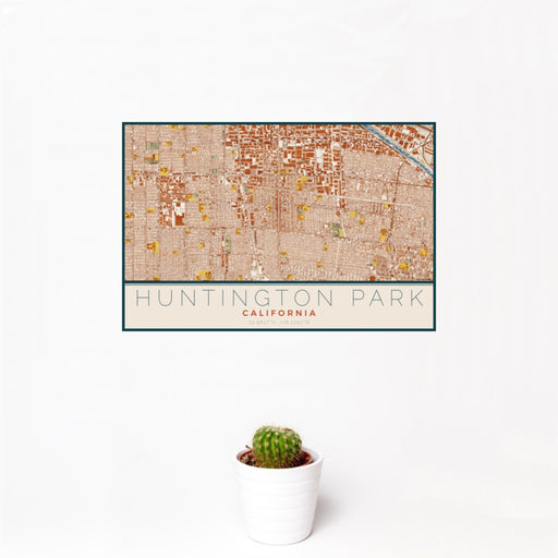 12x18 Huntington Park California Map Print Landscape Orientation in Woodblock Style With Small Cactus Plant in White Planter
