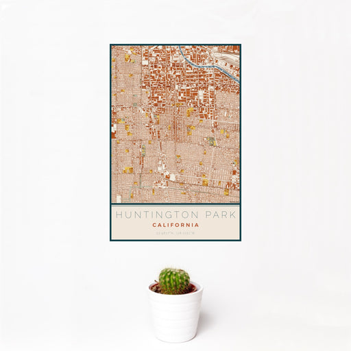 12x18 Huntington Park California Map Print Portrait Orientation in Woodblock Style With Small Cactus Plant in White Planter