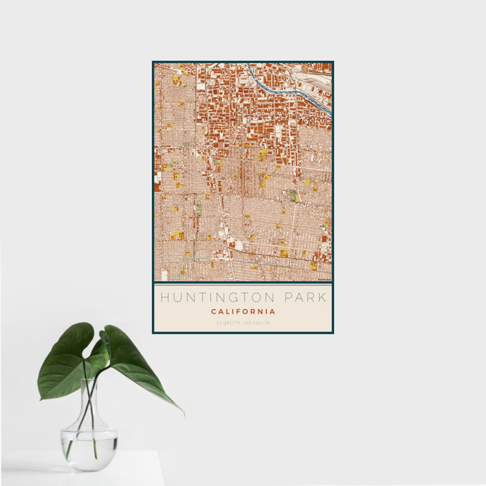 16x24 Huntington Park California Map Print Portrait Orientation in Woodblock Style With Tropical Plant Leaves in Water