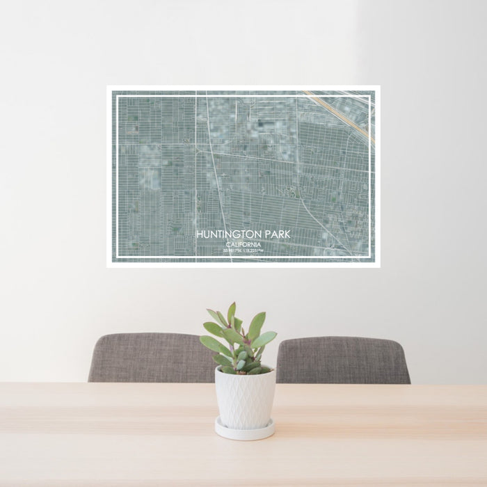 24x36 Huntington Park California Map Print Lanscape Orientation in Afternoon Style Behind 2 Chairs Table and Potted Plant