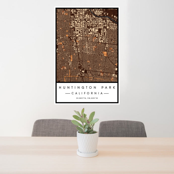 24x36 Huntington Park California Map Print Portrait Orientation in Ember Style Behind 2 Chairs Table and Potted Plant