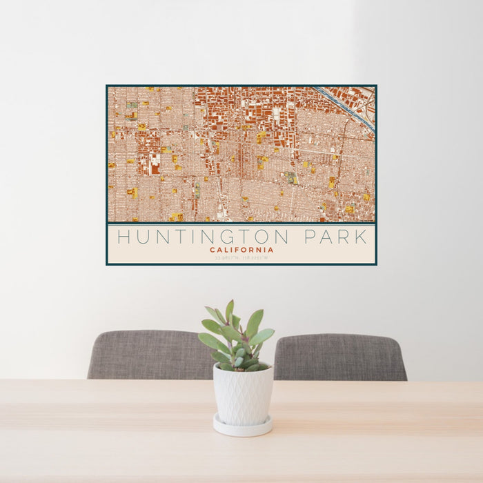 24x36 Huntington Park California Map Print Lanscape Orientation in Woodblock Style Behind 2 Chairs Table and Potted Plant