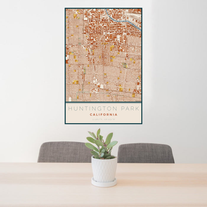 24x36 Huntington Park California Map Print Portrait Orientation in Woodblock Style Behind 2 Chairs Table and Potted Plant
