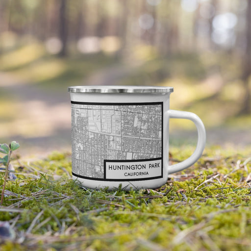 Right View Custom Huntington Park California Map Enamel Mug in Classic on Grass With Trees in Background